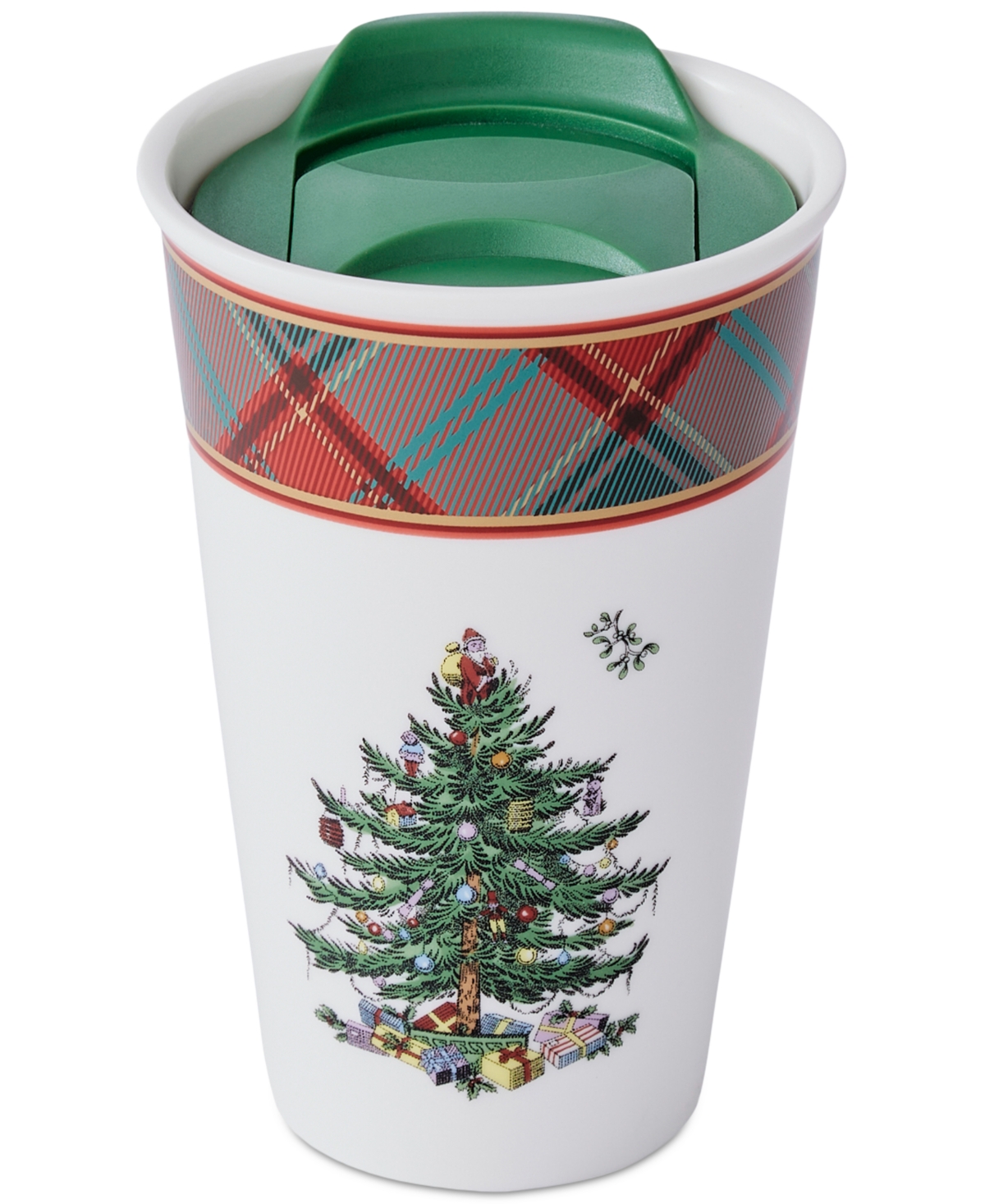 Spode Christmas Tree Tartan Porcelain Travel Mug With Lid In Green