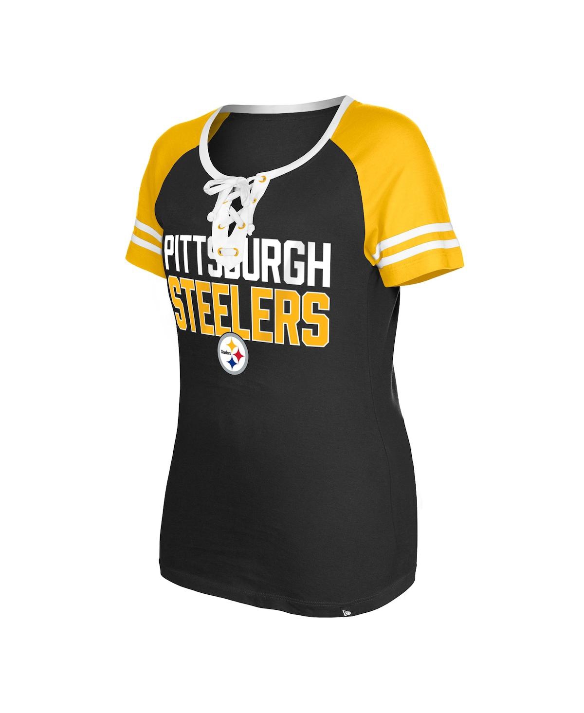 NEW ERA WOMEN'S NEW ERA BLACK PITTSBURGH STEELERS RAGLAN LACE-UP T-SHIRT 