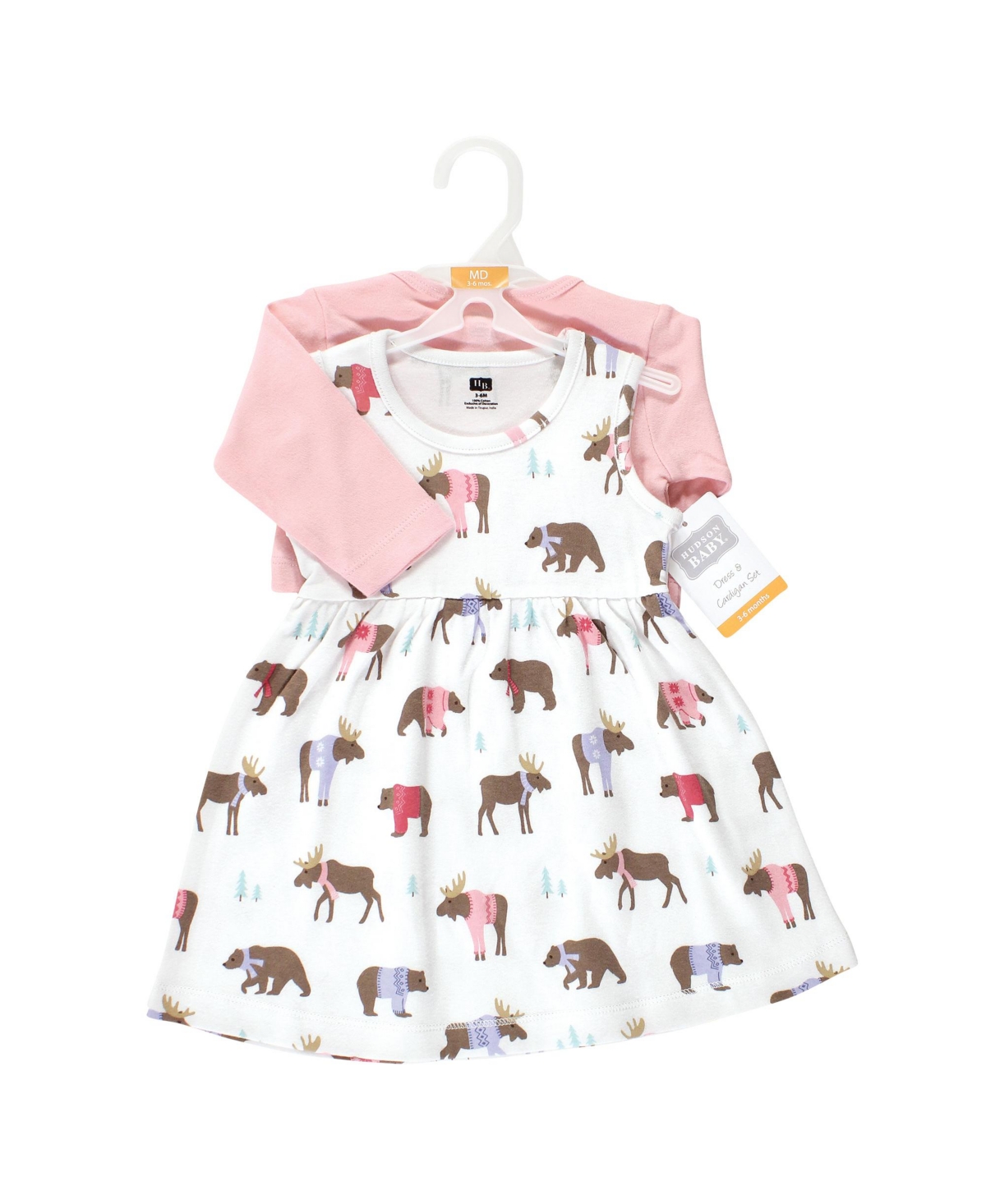 Hudson Baby Baby Girls Cotton Dress and Cardigan Set,- Pink moose bear
