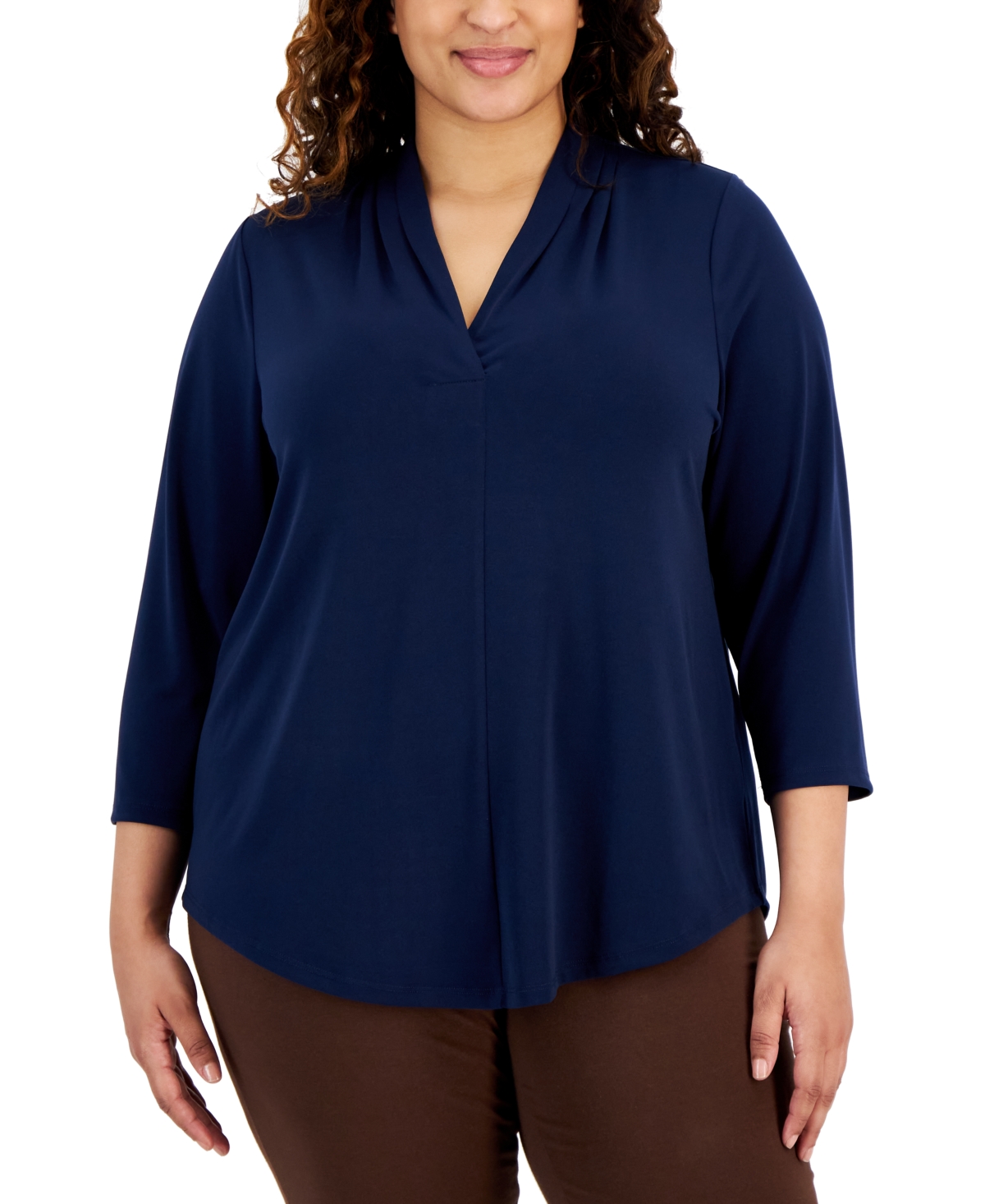 Jm Collection Plus Size Solid V-neck 3/4-sleeve Top, Created For Macy's In Intrepid Blue