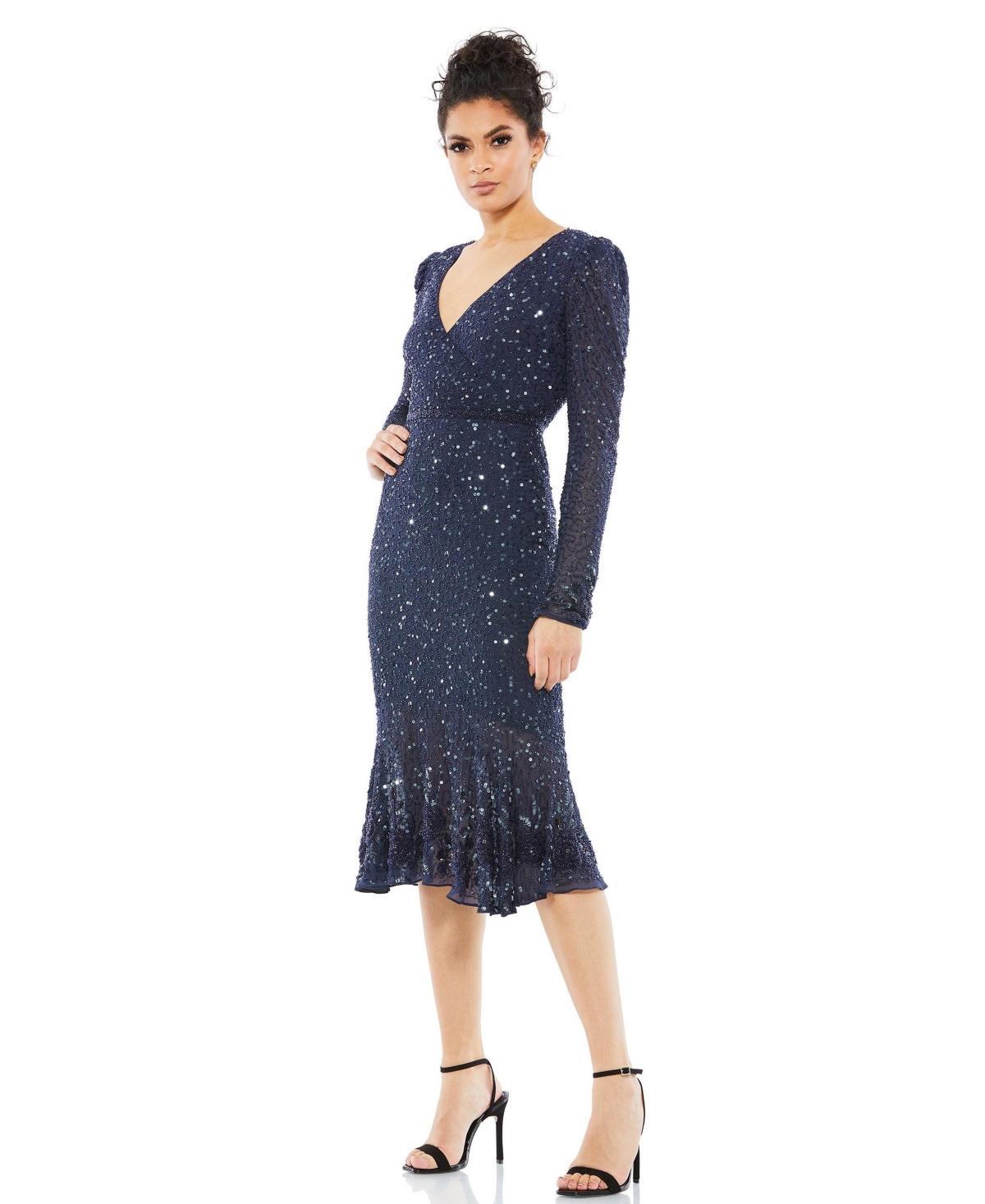 Women's Sequin Gown with Embellished Hemline and Belt - Midnight