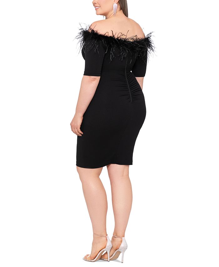 XSCAPE Plus Size Feather-Trim Off-The-Shoulder Dress - Macy's