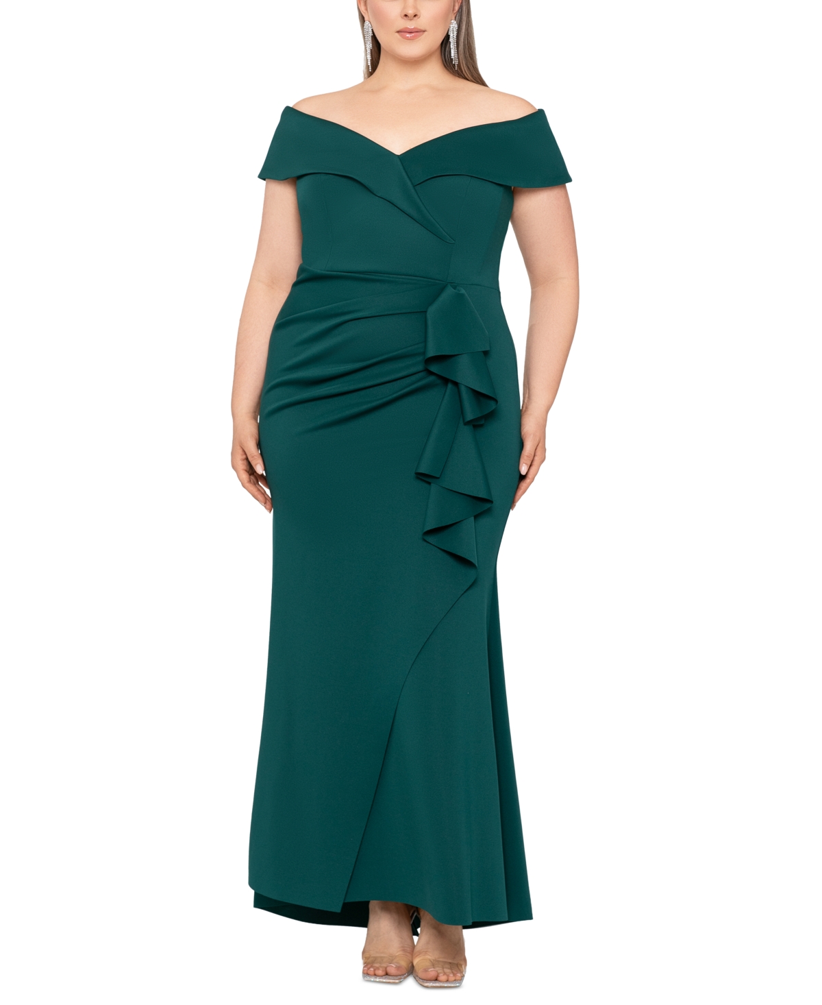 Xscape Off The Shoulder Ruffle Scuba Gown In Hunter Modesens 