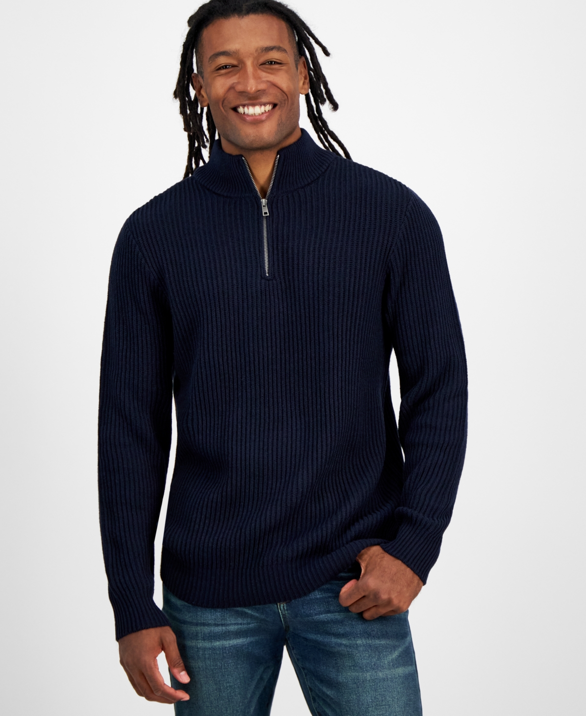 Men's Regular-Fit Ribbed-Knit 1/4-Zip Mock Neck Sweater, Created for Macy's - Navy