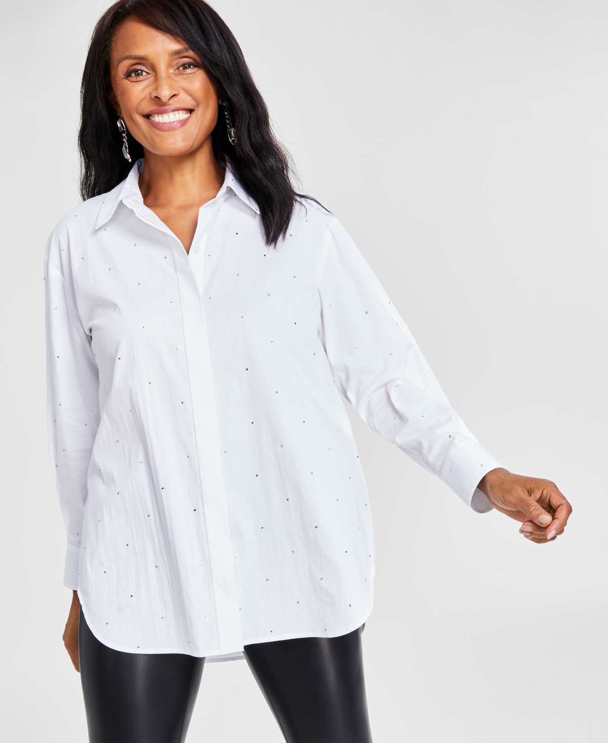 Inc International Concepts Women's Cotton Studded Tunic Shirt, Created For Macy's In Bright White