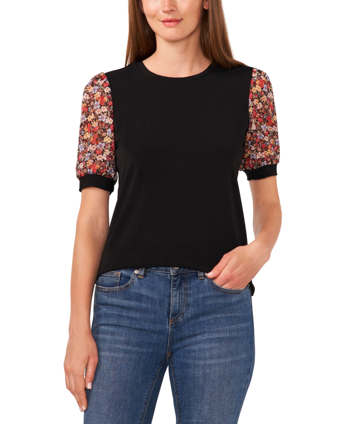 Shop Cece Women's Floral Mixed Media Short Sleeve Knit Top In Rich Black