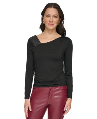 DKNY - Women's Mixed-Media Asymmetrical-Neck Top