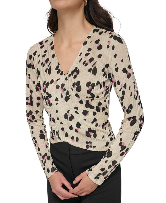 DKNY Women's Printed Ribbed SurpliceNeck Top Macy's