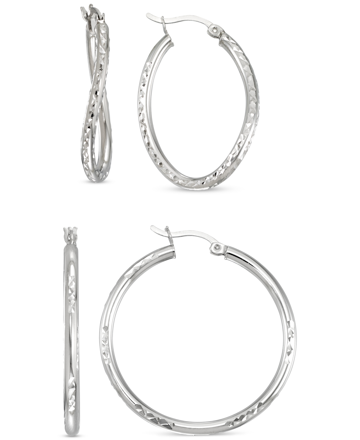 Macy's 2-pc. Set Textured Wavy & Round Hoop Earrings In Sterling Silver
