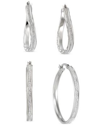 2-Pc. Set Wavy & Round Glitter Hoop Earrings in Sterling Silver