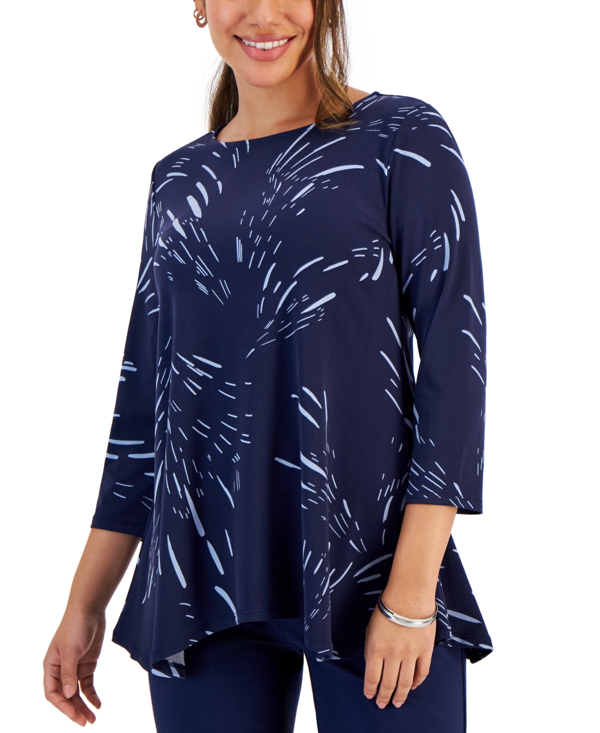 Jm Collection Petite Printed 3/4-sleeve Long Top, Created For Macy's In Intrepid Blue Firework