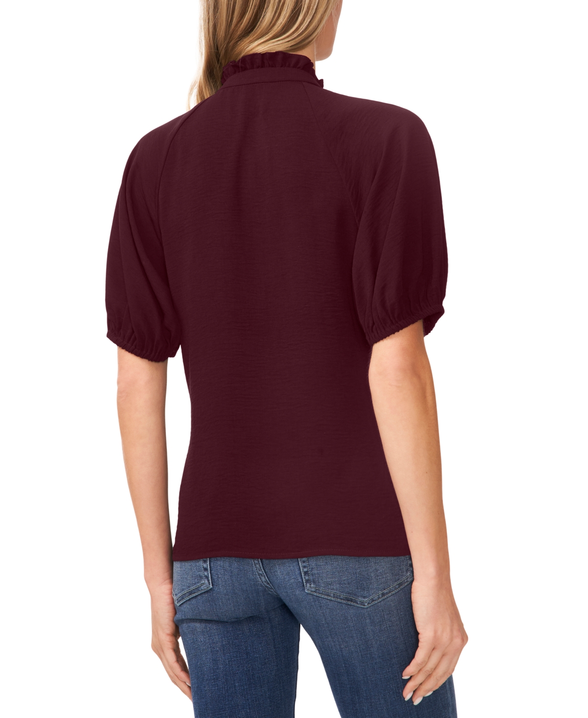Cece Women's Short Sleeve Ruffle Neck Raglan Split Neck Blouse In Rich Cabernet