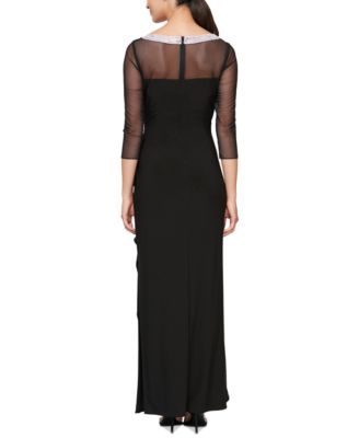 Petite 3/4-Sleeve Illusion Ruffled Gown