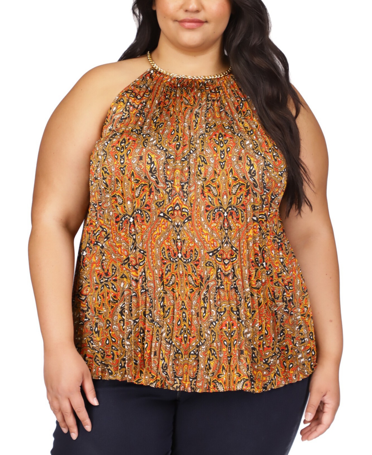 Michael Kors Michael  Plus Size Pleated Printed Chain-neck Top In Burnt Terracotta