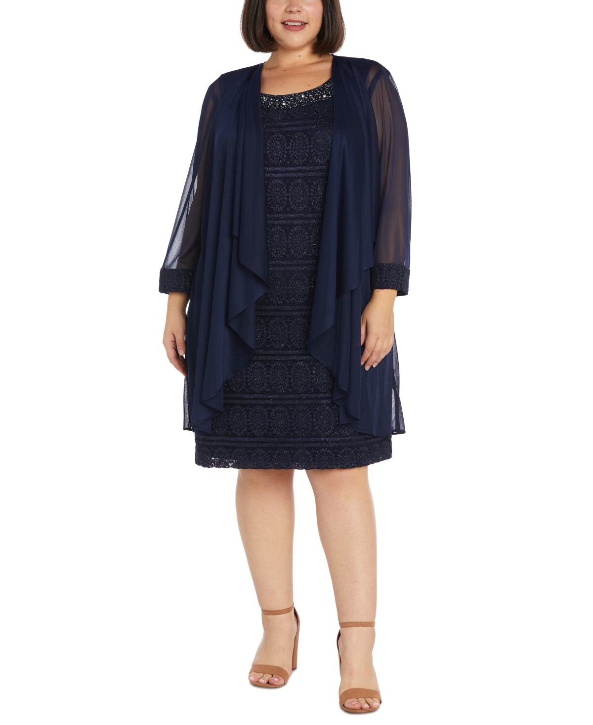 R & M Richards Plus Size Cascade-collar Jacket And Beaded-neck Dress In Navy