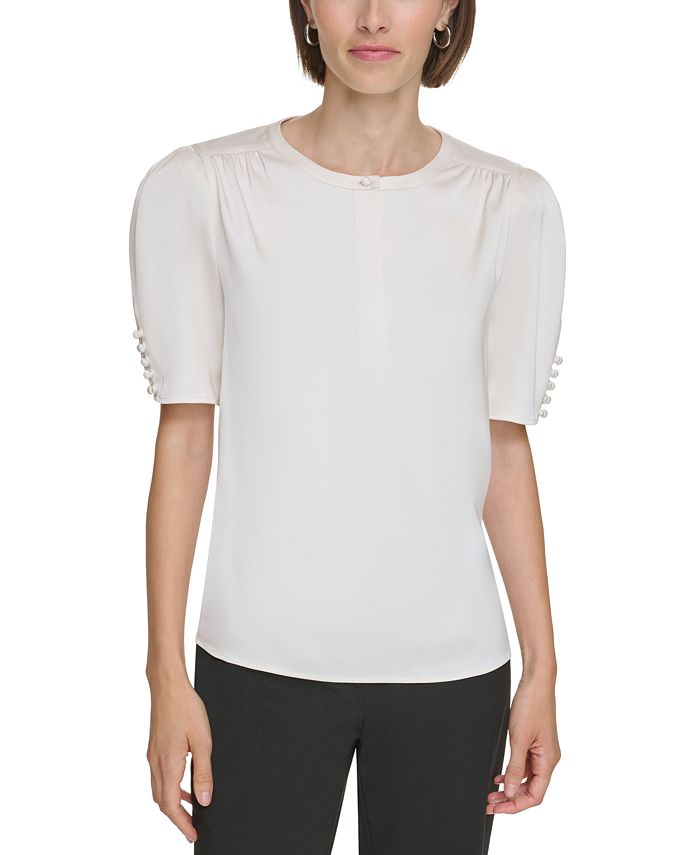 Calvin Klein Petite Crewneck Short-Button-Sleeve Top - Macy's
