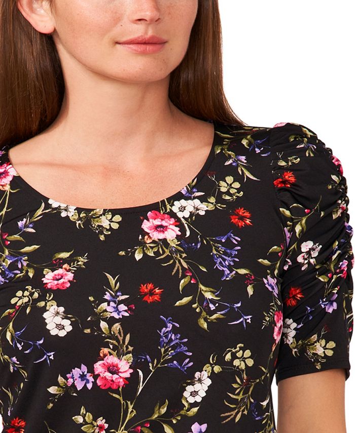 Cece Womens Floral Print Ruched Elbow Sleeve Knit Top Macys 