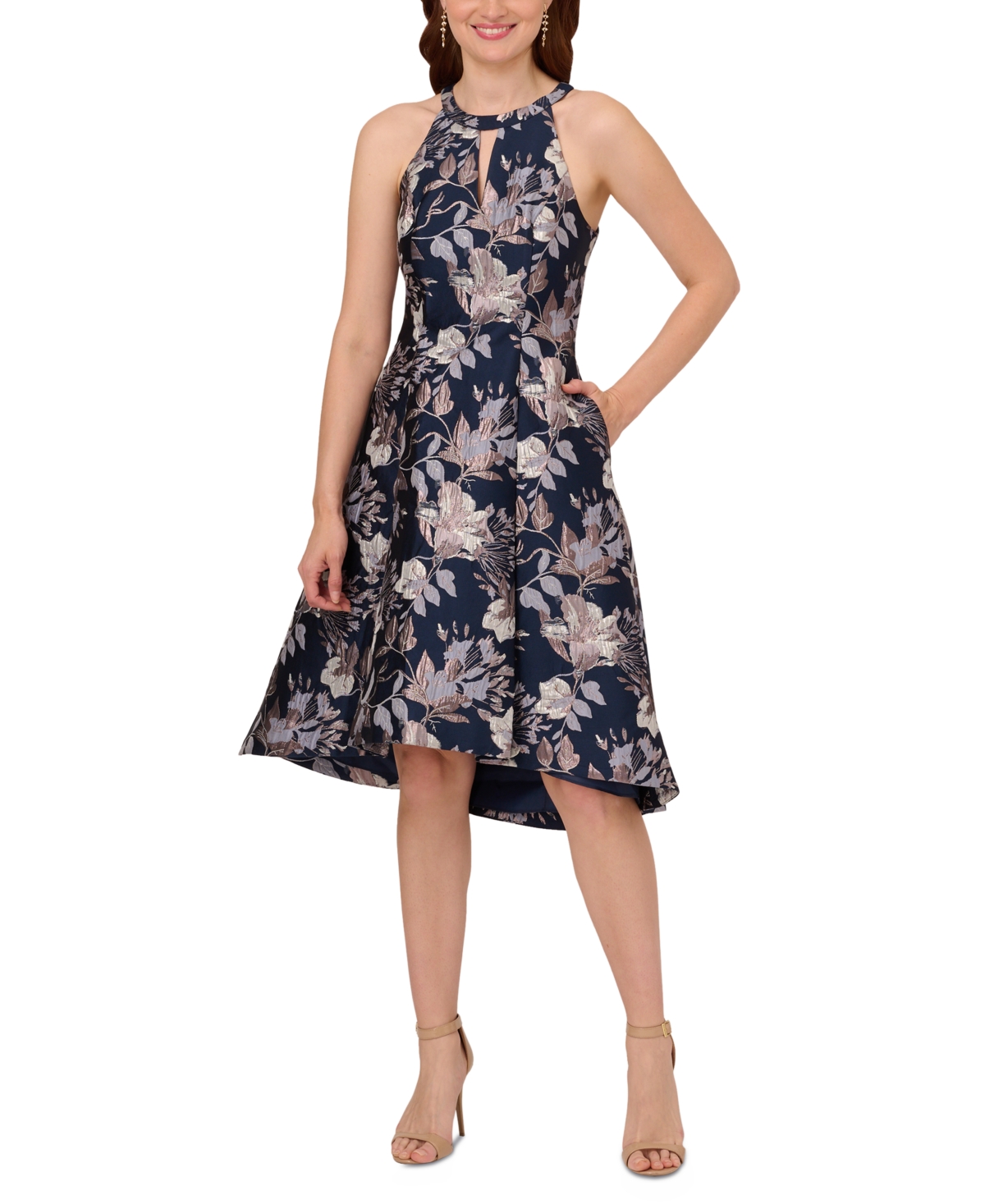 ADRIANNA PAPELL WOMEN'S FLORAL JACQUARD HIGH-LOW HALTER DRESS