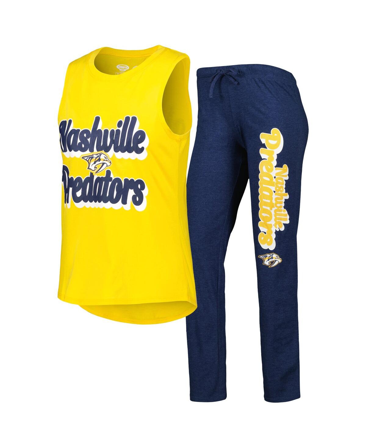 Concepts Sport Women's  Gold, Heather Navy Nashville Predators Meter Muscle Tank Top And Pants Sleep In Gold,heather Navy