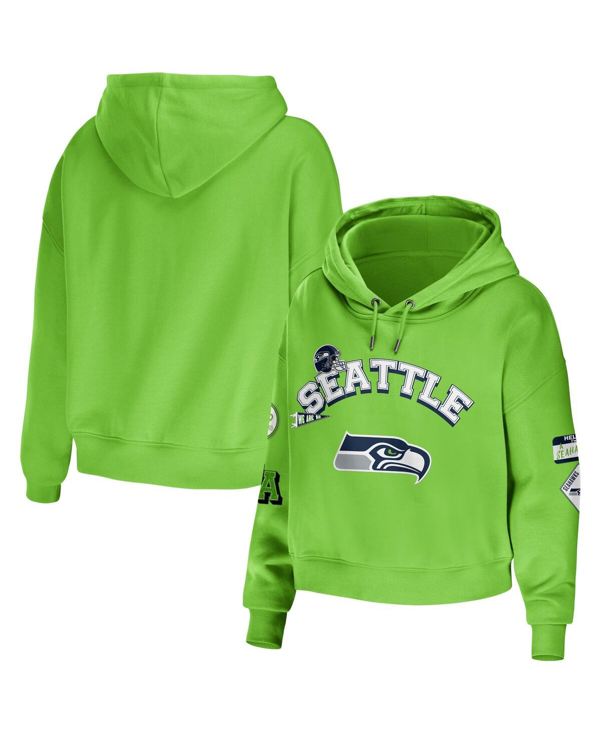 Shop Wear By Erin Andrews Women's  Neon Green Seattle Seahawks Modest Cropped Pullover Hoodie