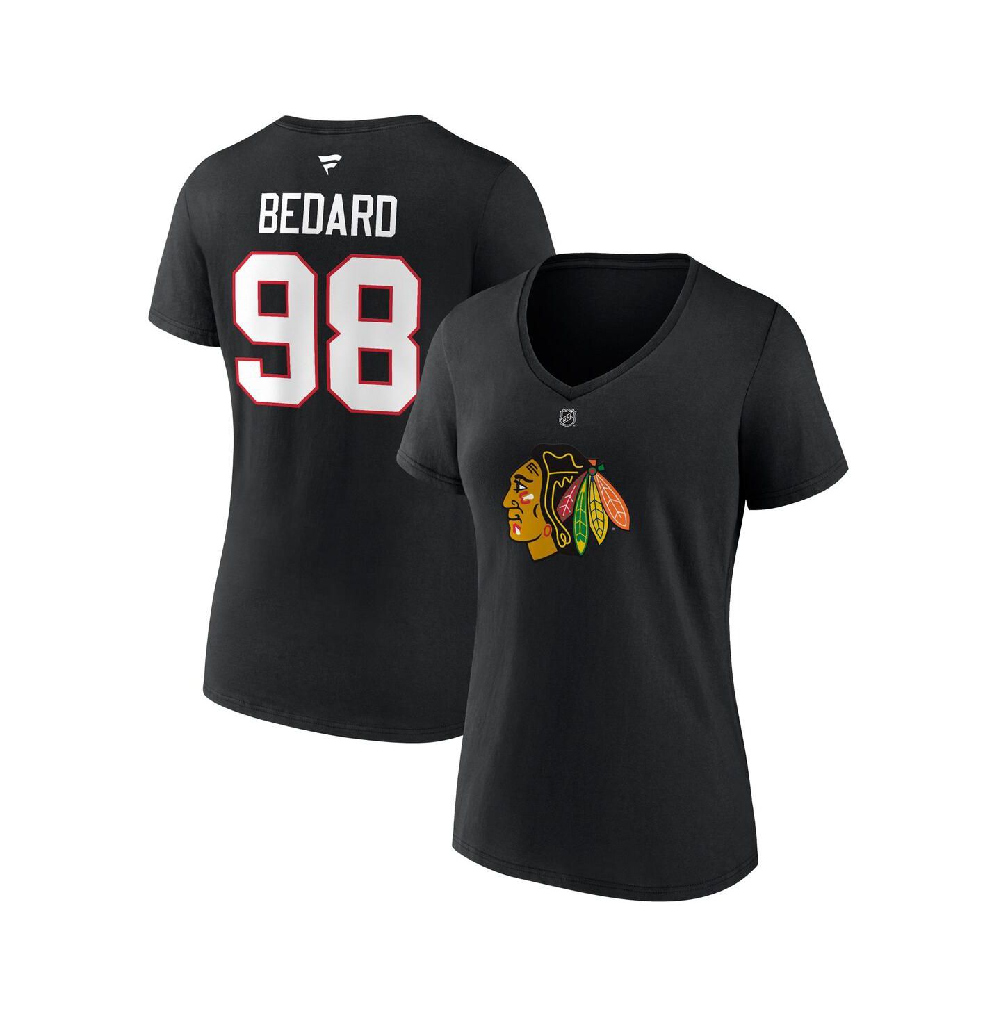 Женская футболка Fanatics Connor Bedard Black Chicago Blackhawks 2023 NHL Draft Authentic Stack Player Name and Number V-Neck — фото 2