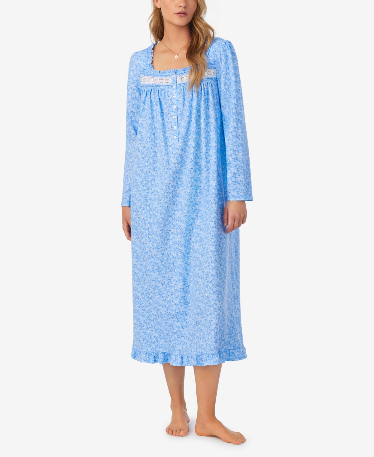 Eileen West Cotton Floral Long Nightgown In Blue Floral Print