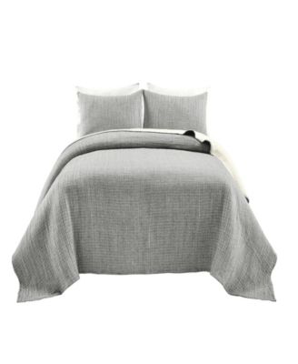 Solid Kantha Pick Stitch Yarn Dyed Cotton Woven 3-Piece Quilt Set, Full/Queen