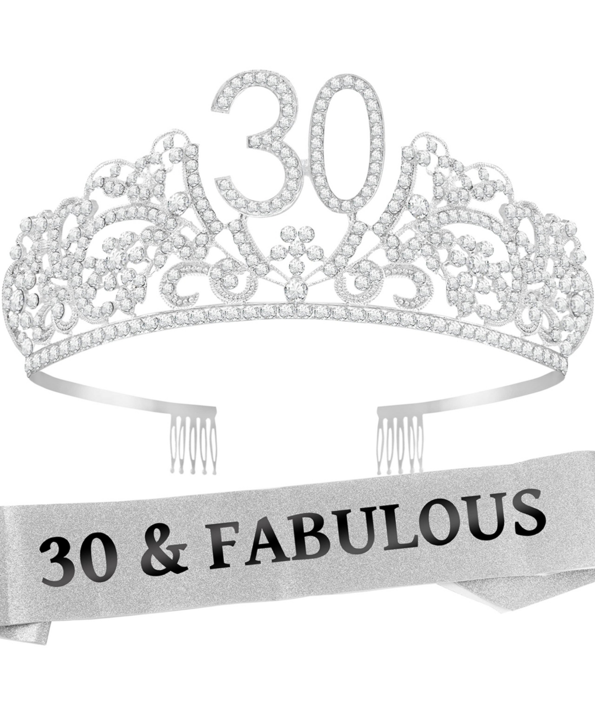 30th Birthday Sash and Tiara Set for Women - Glitter Sash with Flowers and Rhinestone Silver Metal Tiara, Perfect 30th Birthday Party Gifts and Access