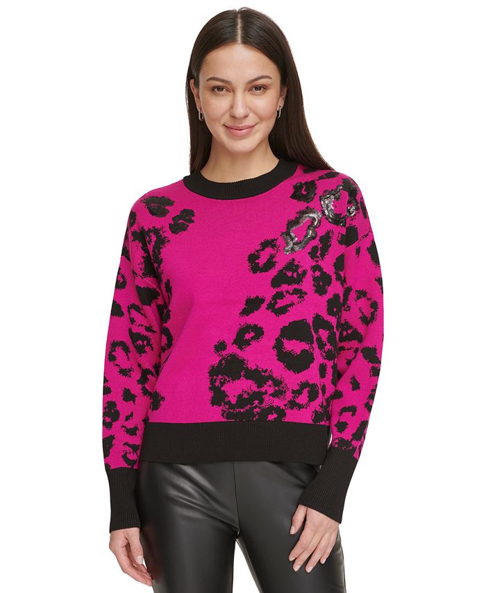 DKNY Women's Animal Print Crewneck Sequin Sweater - Macy's