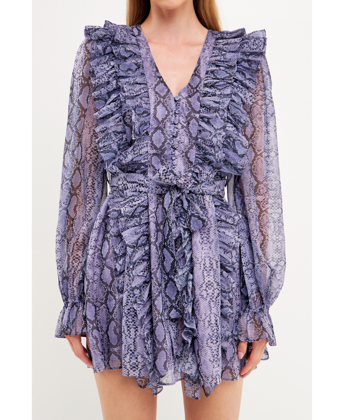 Endless Rose Snakeskin Print Ruffled Button Front Dress In Purple Multi