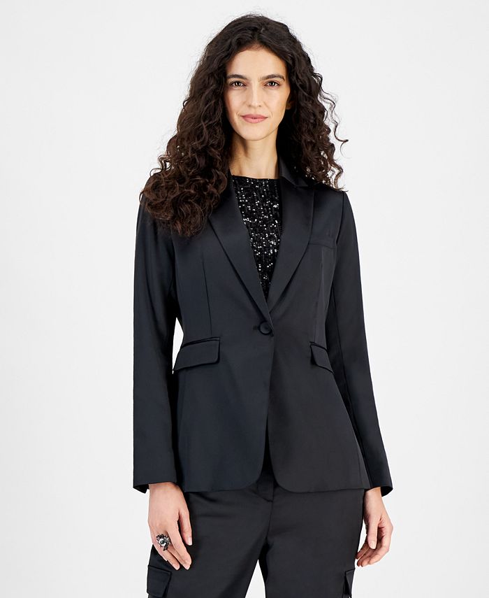 Bar III Women's Button-Front Long-Sleeve Satin Blazer, Created for Macy ...
