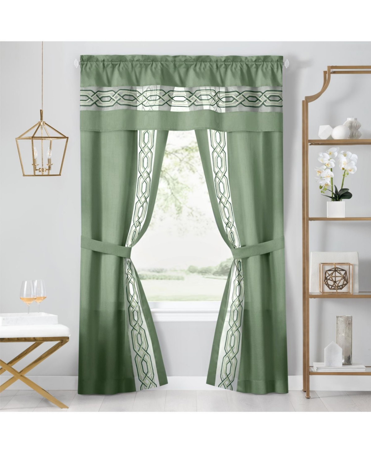 Pacifico 5 Piece Rod Pocket All In One Attached Semi Sheer Window Curtain Panels & Valance Set - Sage