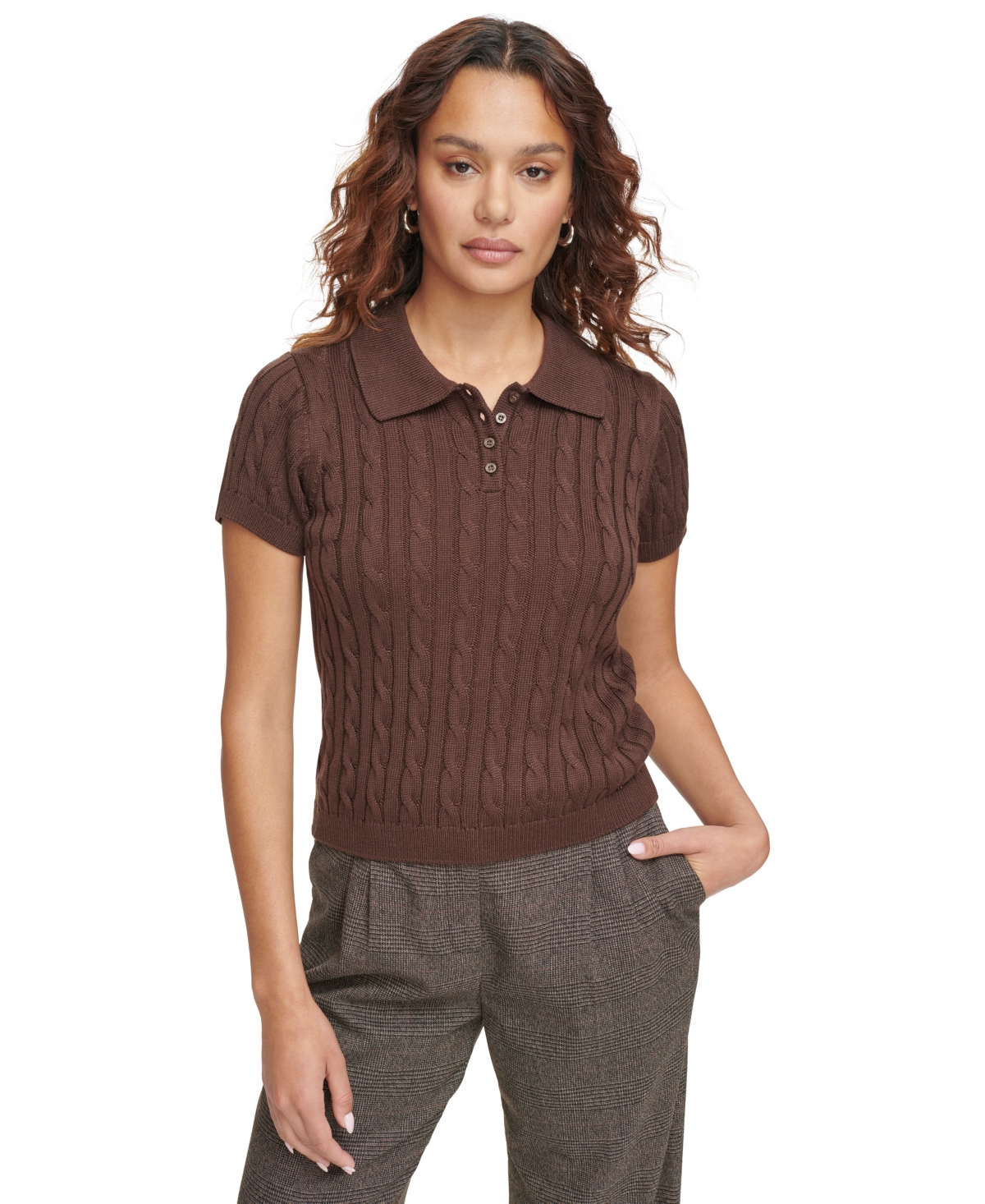 Calvin Klein Women's Cable-knit Short-sleeve Top In Coffee Bean