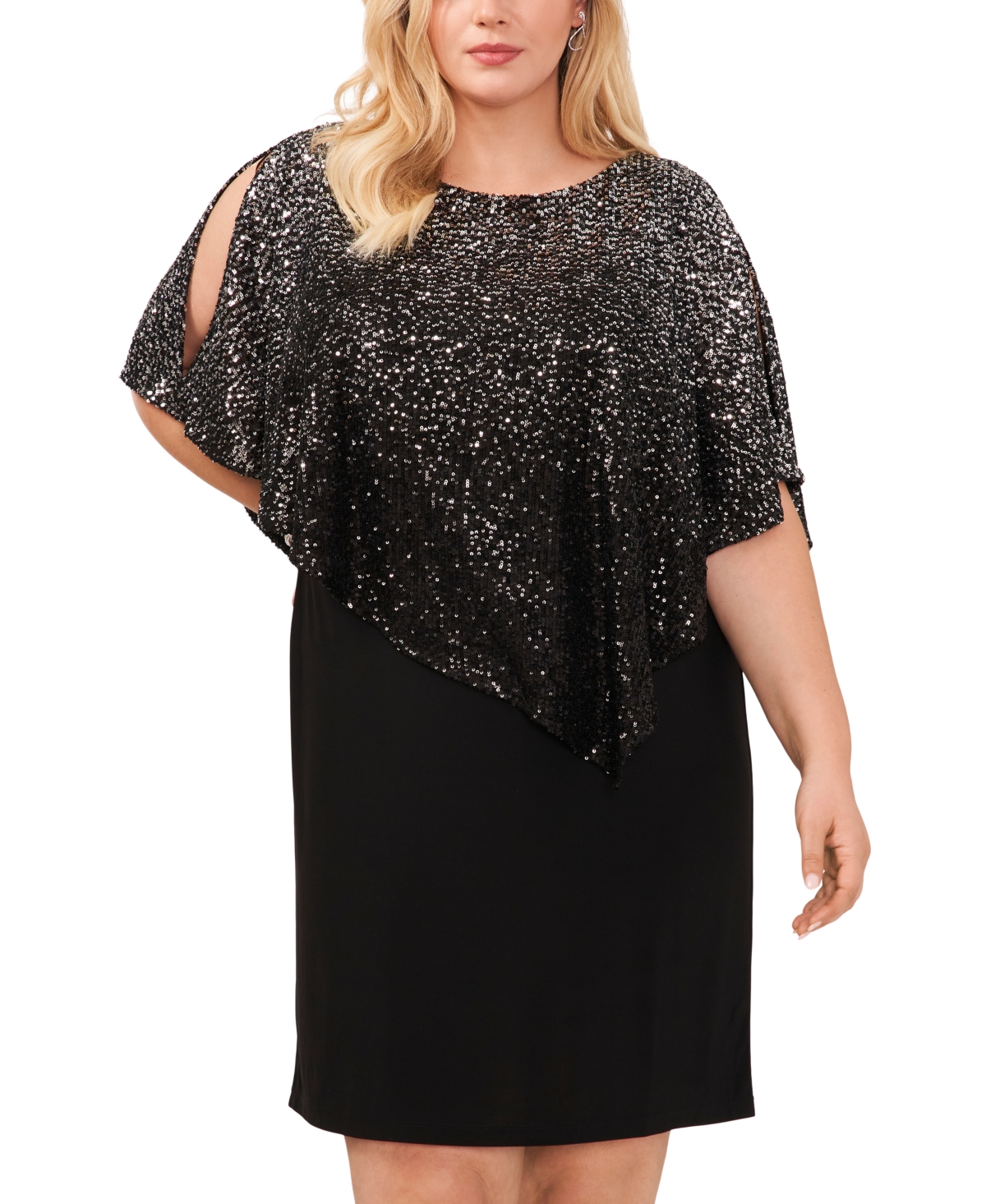 Plus Size Round-Neck Sequin Overlay Sheath Dress - Black