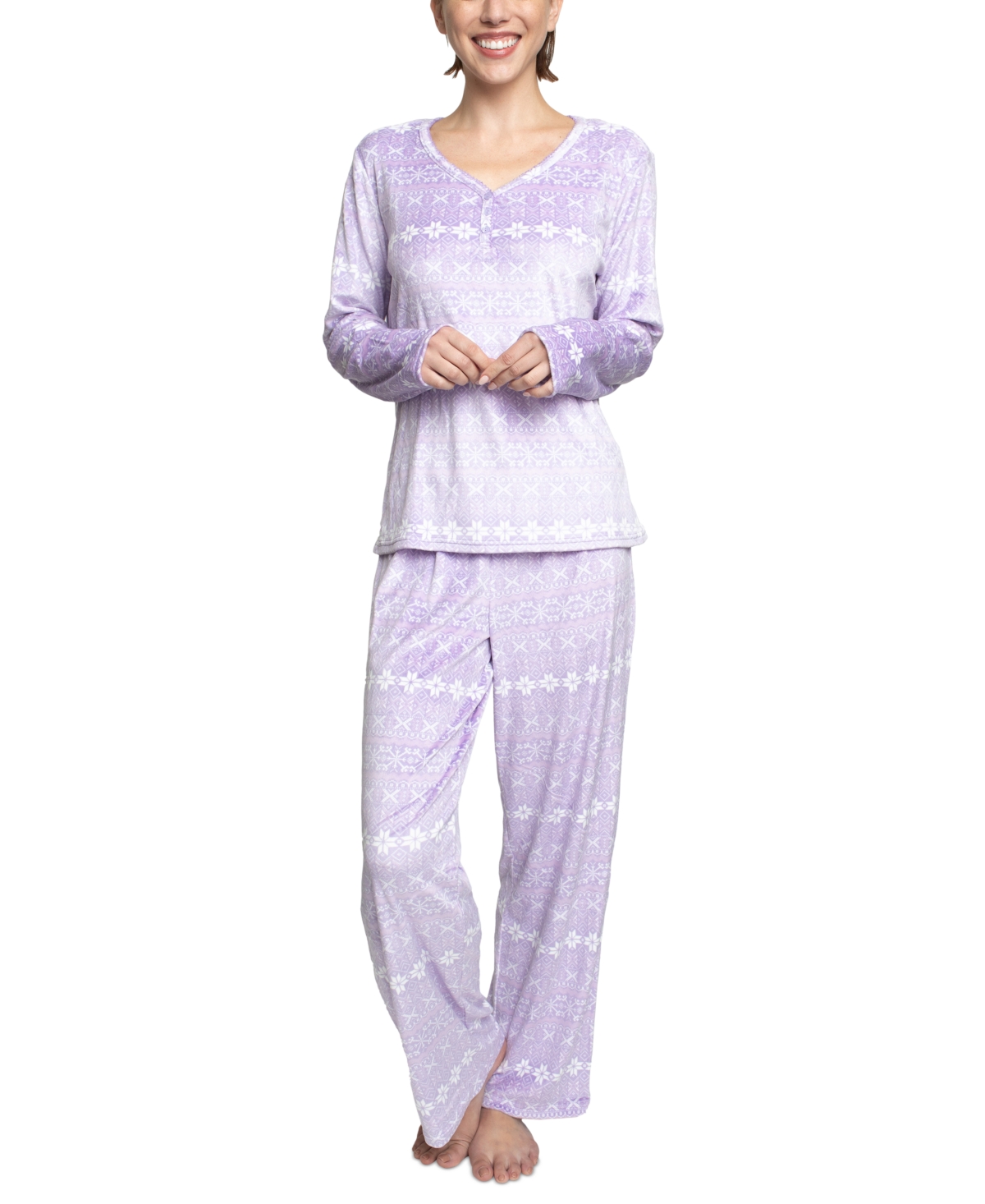 White Orchid Women's 2-pc. Printed Henley Pajamas Set In Purple Fairisle