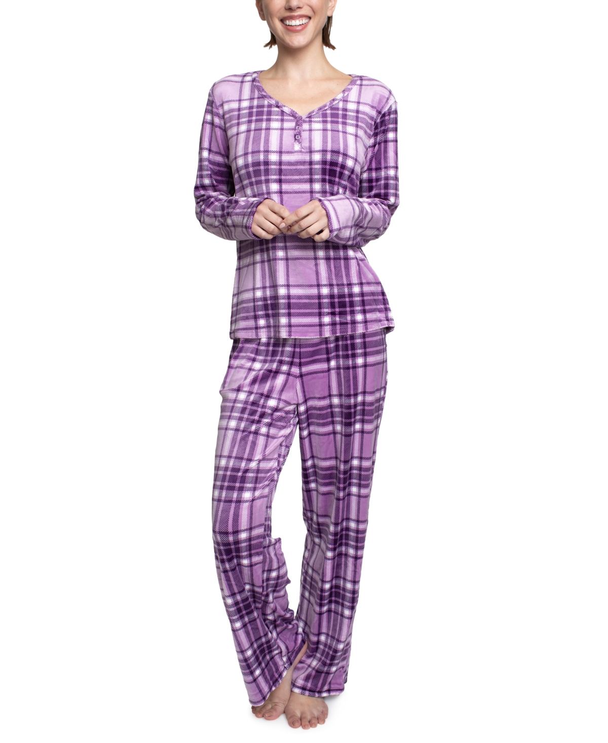 White Orchid Women's 2-pc. Printed Henley Pajamas Set In Plaid