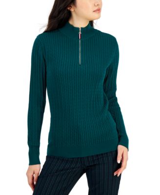 Women's Cotton Mock Turtleneck Cable-Knit Sweater