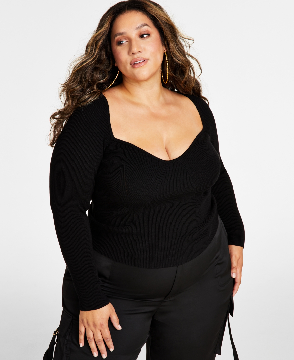 Nina Parker Trendy Plus Size Ribbed Sweetheart-neck Top In Black Beauty
