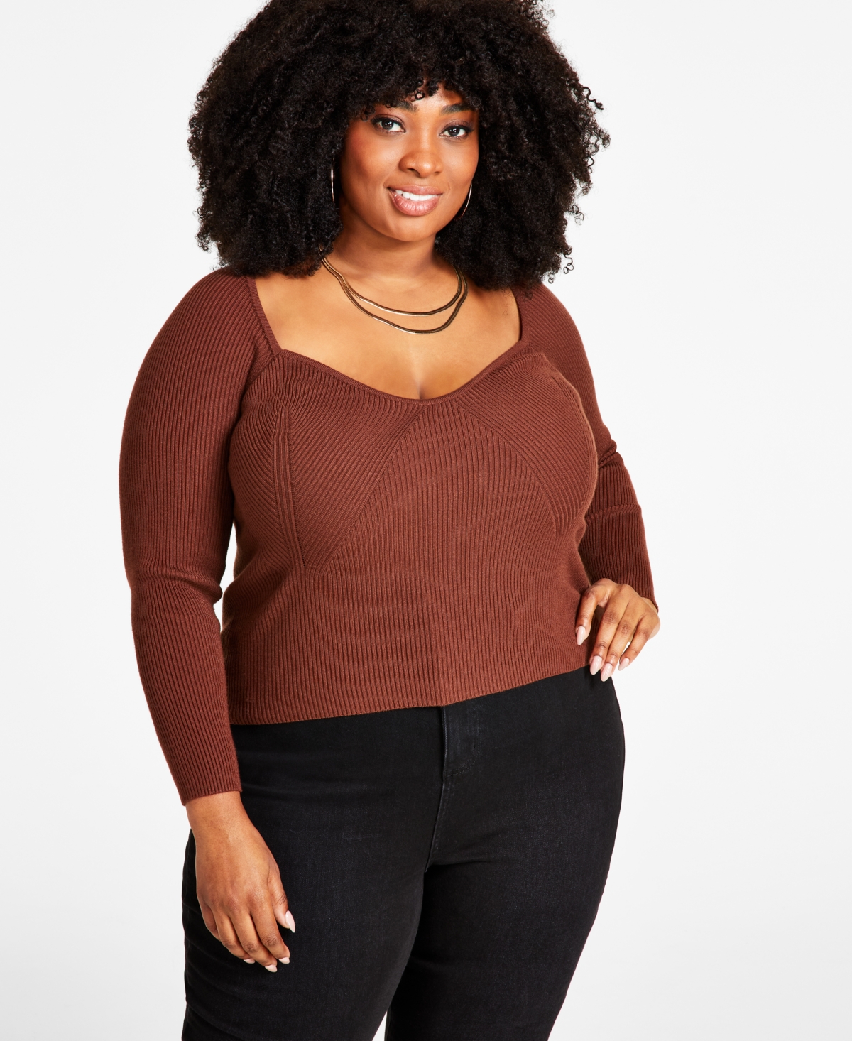 Nina Parker Trendy Plus Size Ribbed Sweetheart-neck Top In Chocolate Fondant
