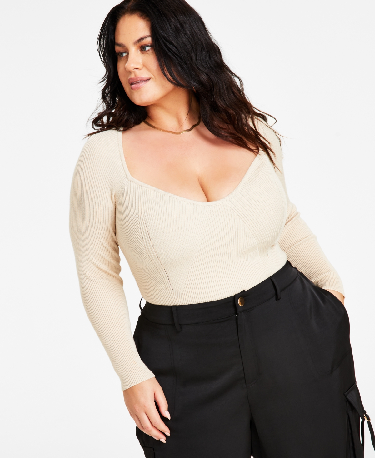 Trendy Plus Size Ribbed Sweetheart-Neck Top - Frosted Almond