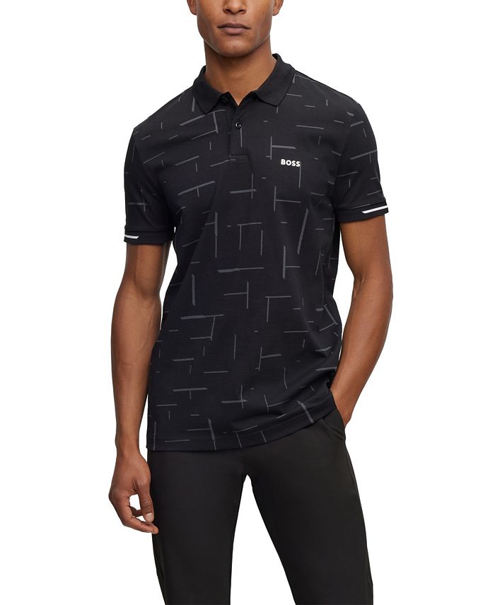Boss Cotton-jersey Polo Shirt with Tonal Printed Pattern - Black - Small