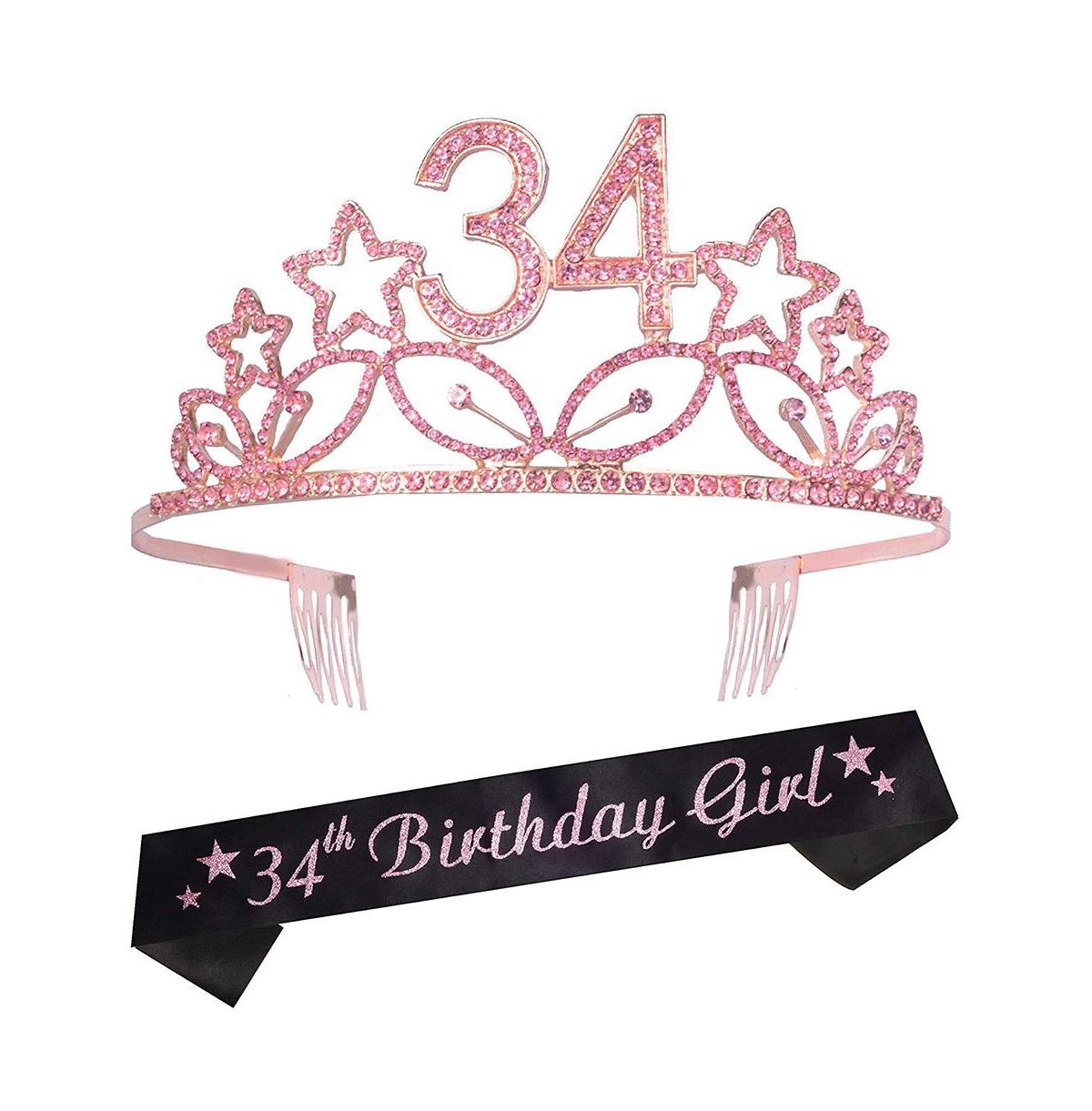 34th Birthday Sash and Tiara Set for Women - Glittery Sash with Stars and Pink Rhinestone Metal Tiara, Perfect for Celebrating 34th Birthday Party and