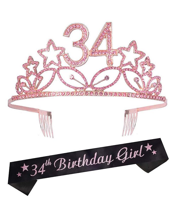 Meant2tobe 34th Birthday Sash And Tiara Set For Women Glittery Sash With Stars And Pink 