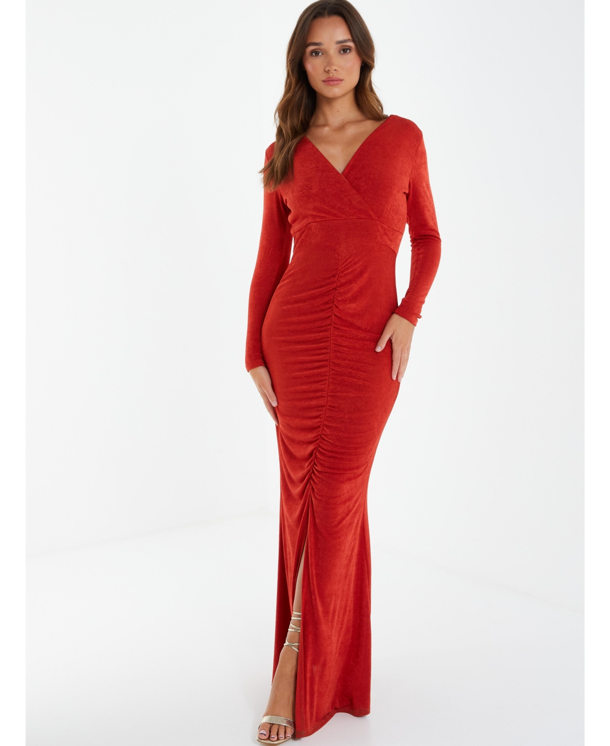 Women's Maxi Dress With Long Sleeves And Ruching Detail - Orange