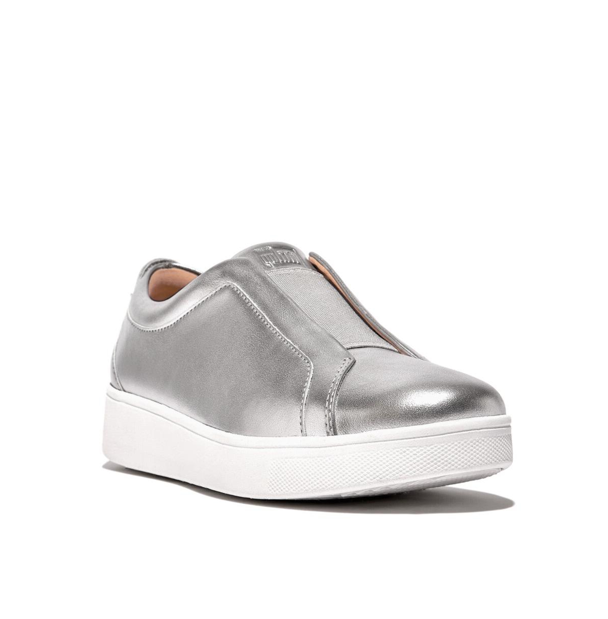 Shop Fitflop Women's Rally Elastic Tumbled-leather Slip-on Trainers In Silver