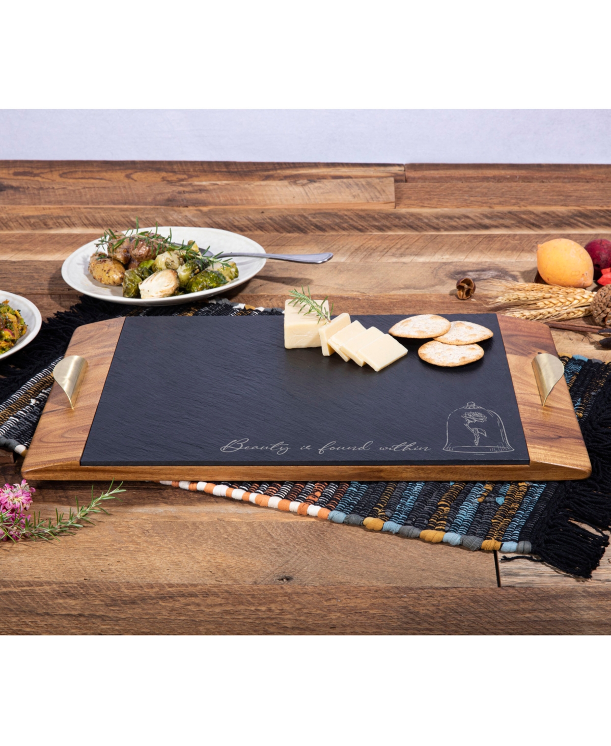 Disney's Beauty The Beast Covina Acacia and Slate Charcuterie Board - Acacia Wood Slate Black with Gold Accent
