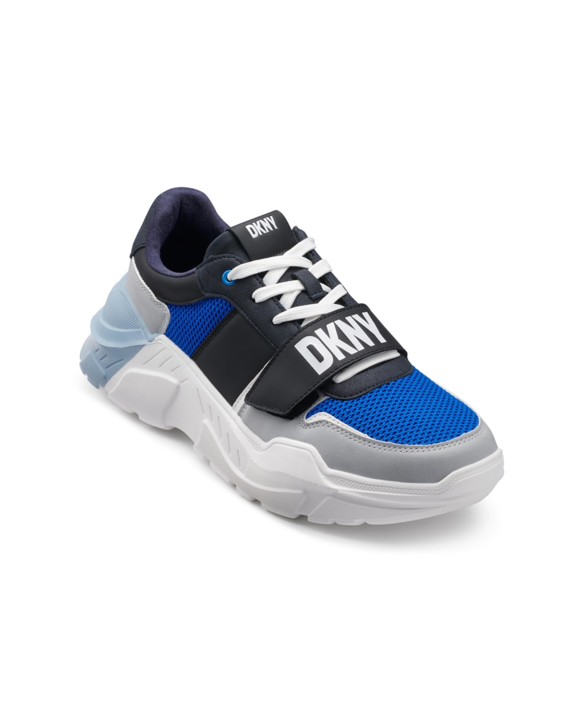 Shop Dkny Men's Mixed Media Runner With Front Logo Strap Sneakers In Navy