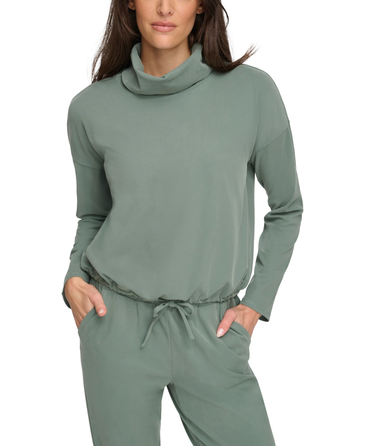 Shop Marc New York Andrew Marc Sport Women's Sueded Pique Cowl Neck Top With Drawstring Waistband In Fern
