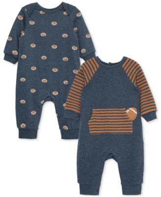 Little Me - Baby Boys Football Cotton Bodysuits with Footies, Pack of 2