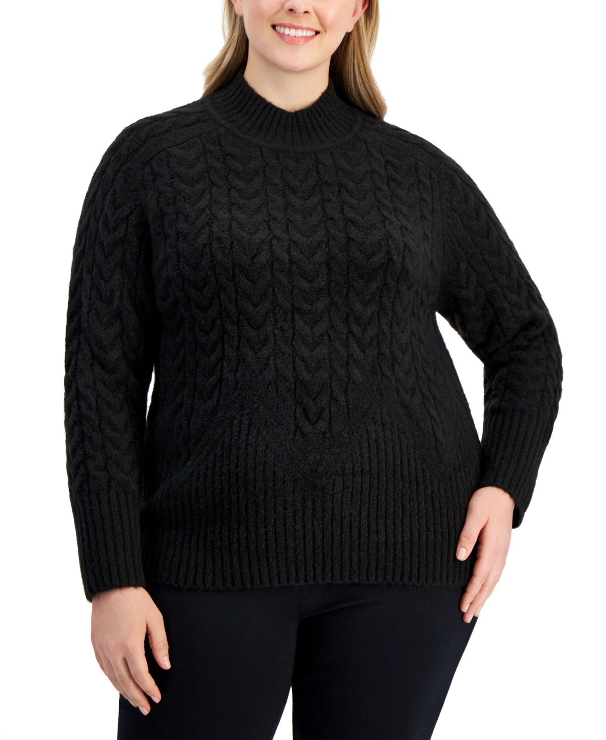 Calvin Klein Plus Size Cable-knit Mock Neck Sweater In Black